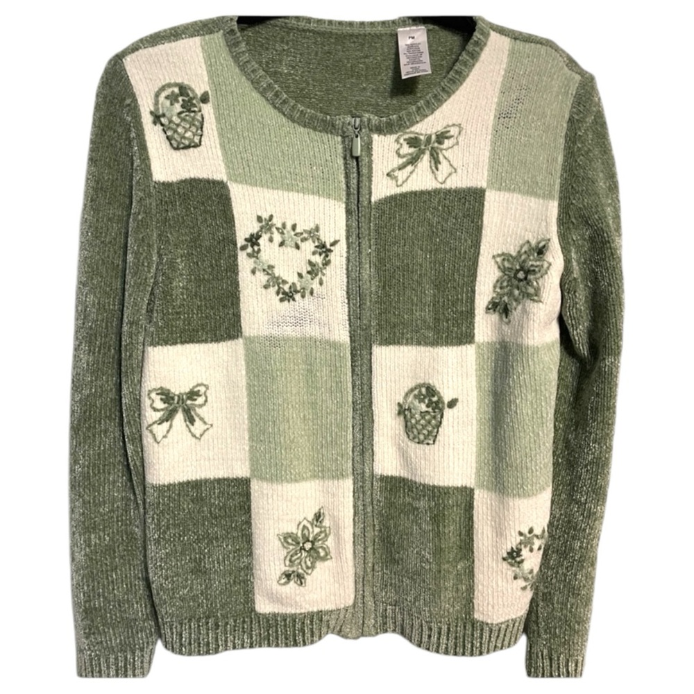 Alfred Dunner Checkered Zip Up Colorblock Sweater w Flower & Bows Embroidery